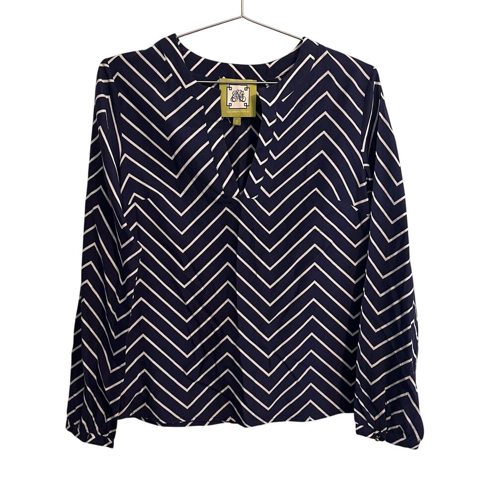 Elizabeth McKay Navy & White Chevron Long Sleeve Silk & Cotton Top 2